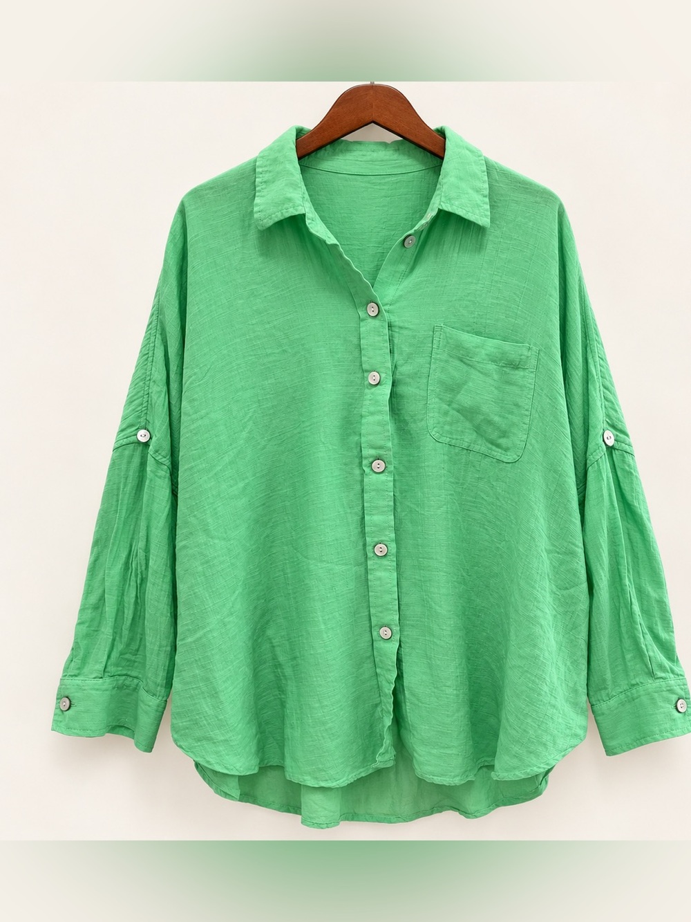 American Eagle Green Cotton Modal Roll Tab Button Up Shirt M extreme loose fit